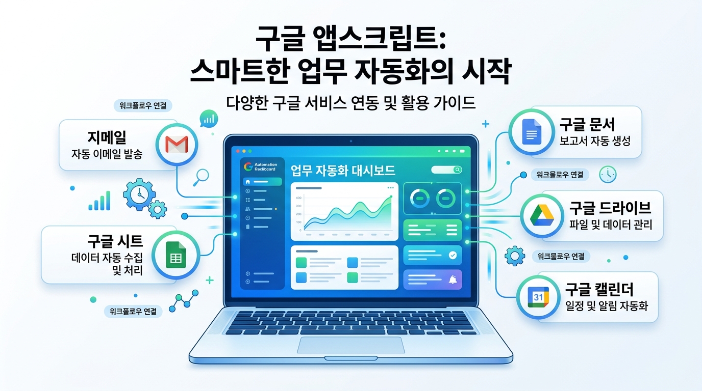 구글 앱스크립트의 자동화와 Google 서비스 연동 장점을 보여주는 커버 일러스트
