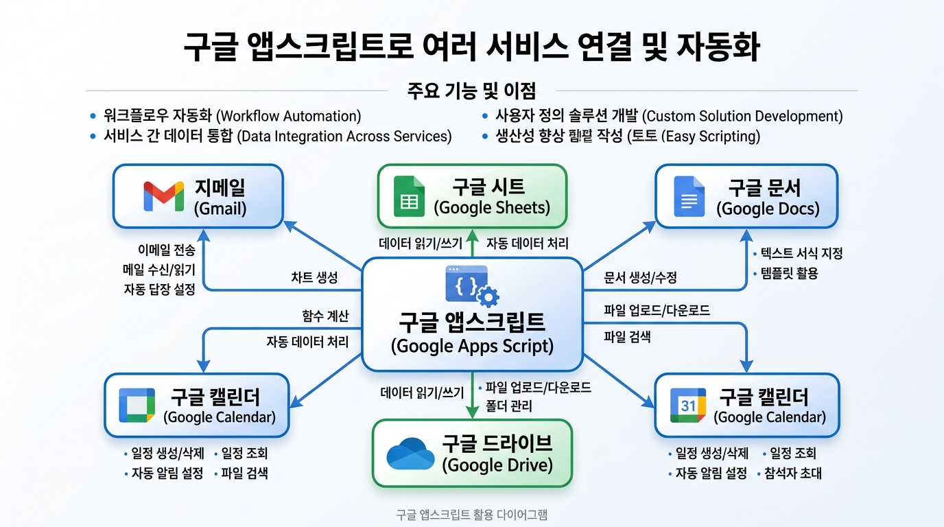 앱스크립트가 OAuth로 구글 서비스를 글루하는 구조 다이어그램