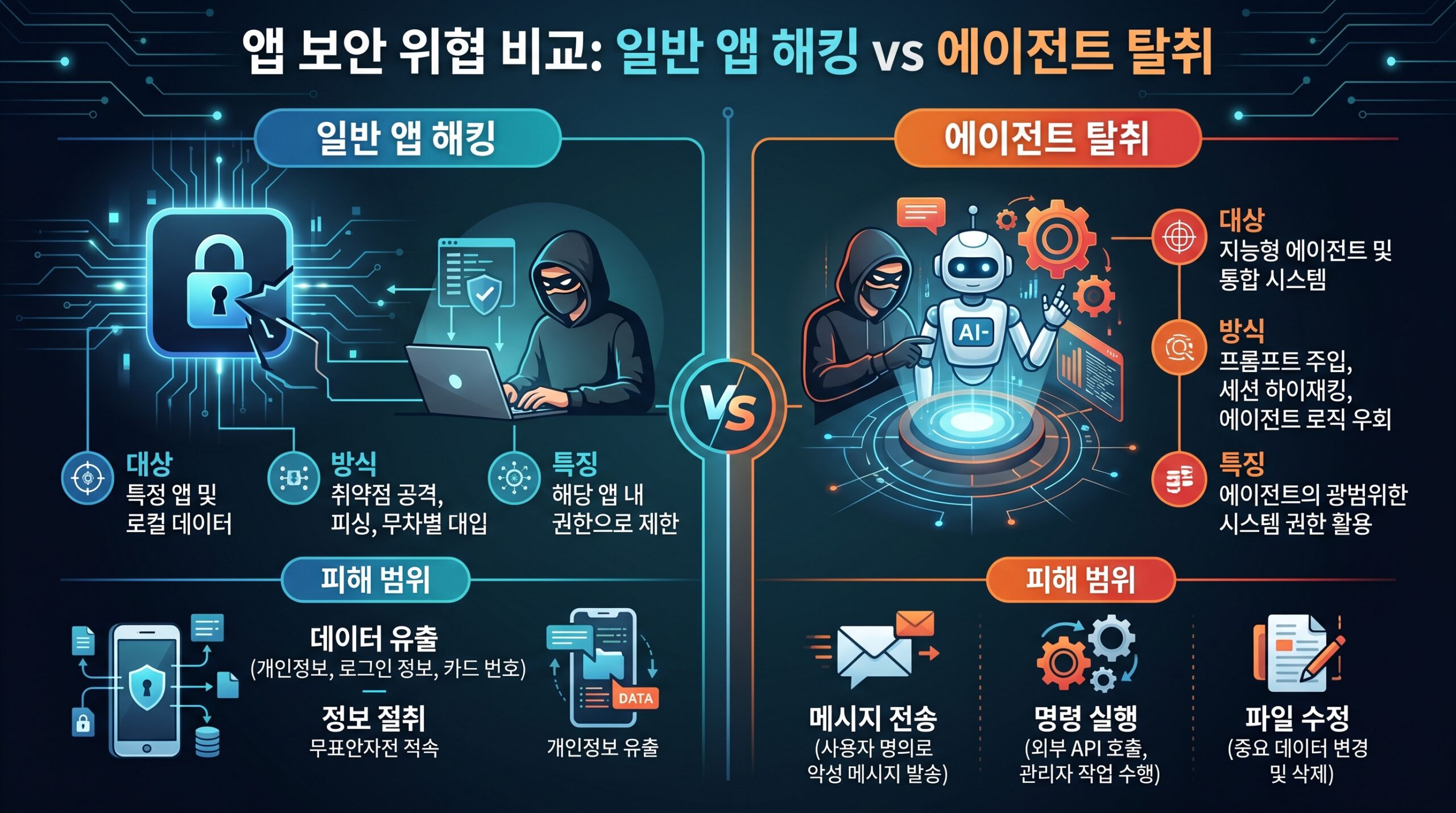 일반 앱 해킹과 에이전트 탈취의 차이를 비교한 인포그래픽