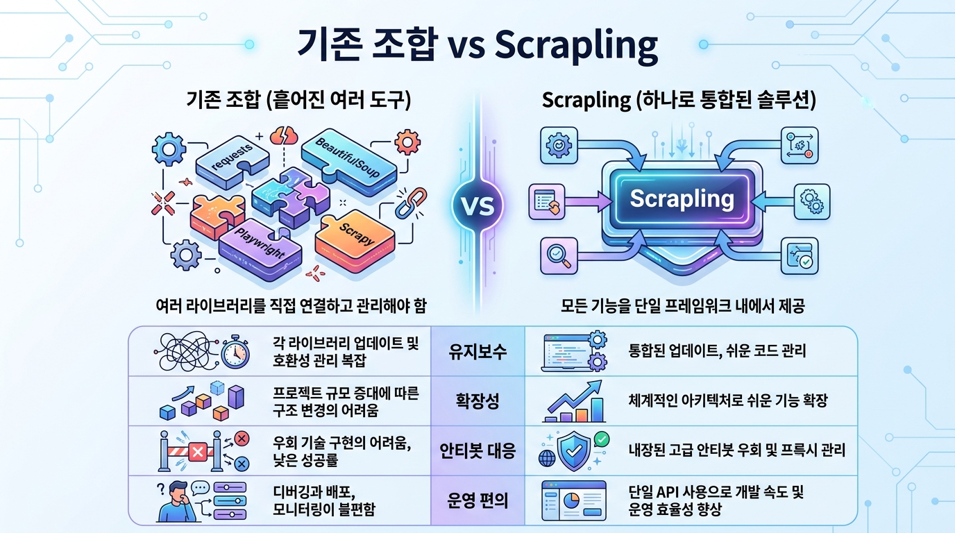 Scrapling과 기존 웹 스크래핑 도구 조합의 차이를 보여주는 인포그래픽