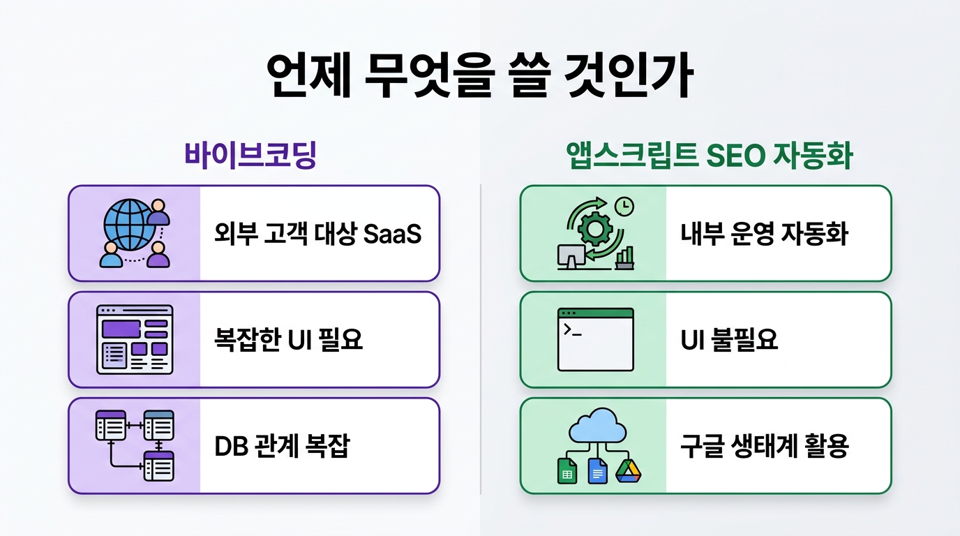 바이브코딩과 앱스크립트 SEO 자동화 비교 인포그래픽