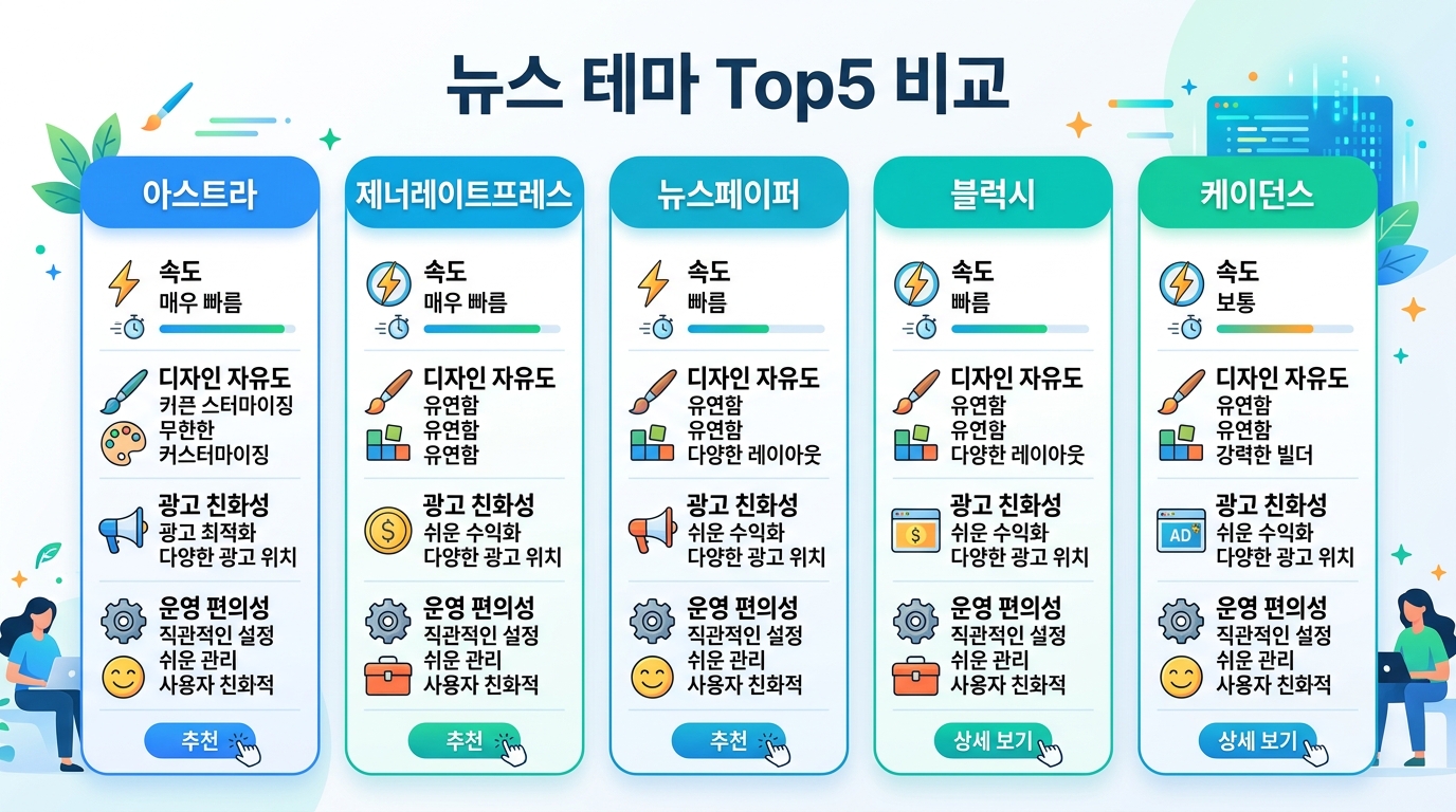 Astra GeneratePress Newspaper Blocksy Kadence를 비교하는 인포그래픽