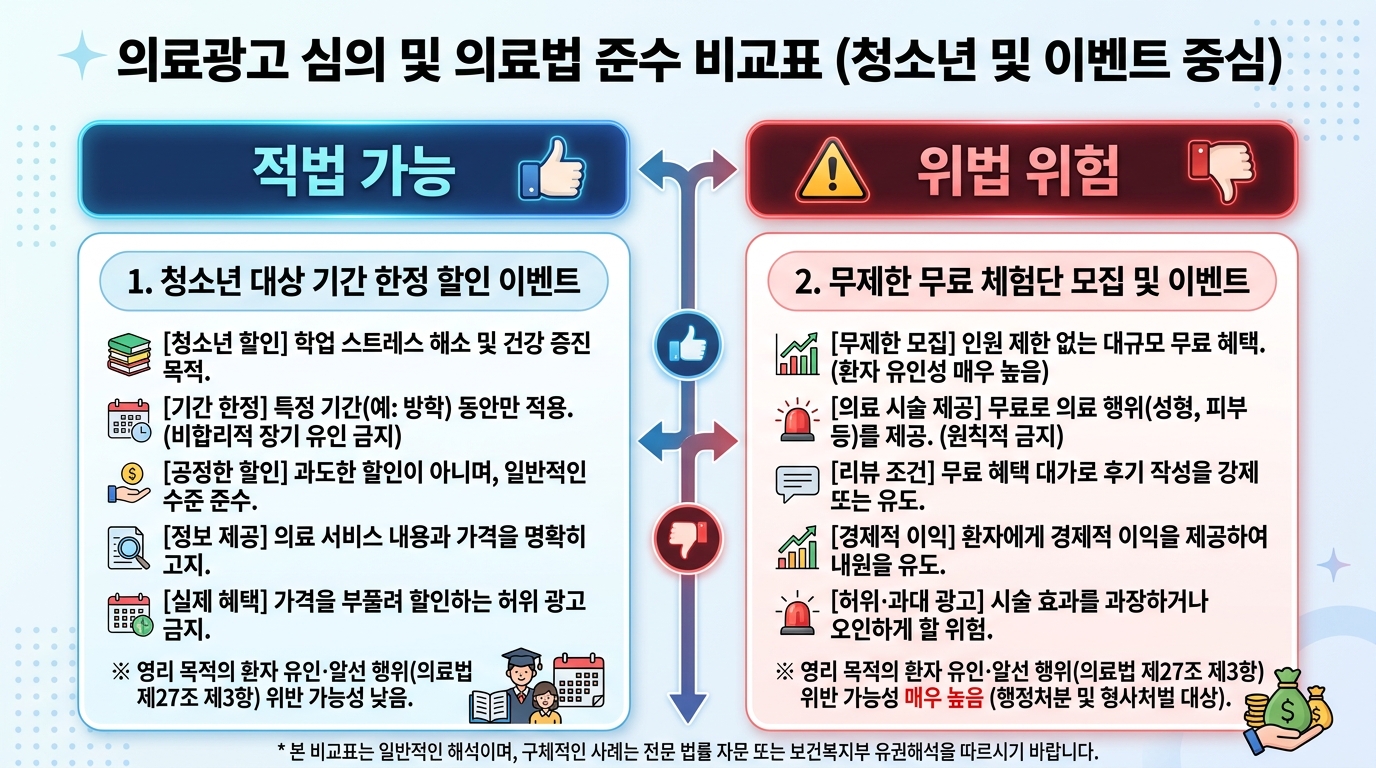 적법 가능 할인 이벤트와 위법 위험 이벤트를 비교하는 인포그래픽