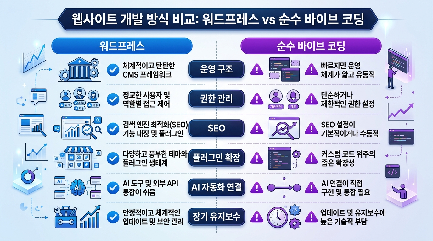 워드프레스와 순수 바이브 코딩의 차이를 비교하는 인포그래픽