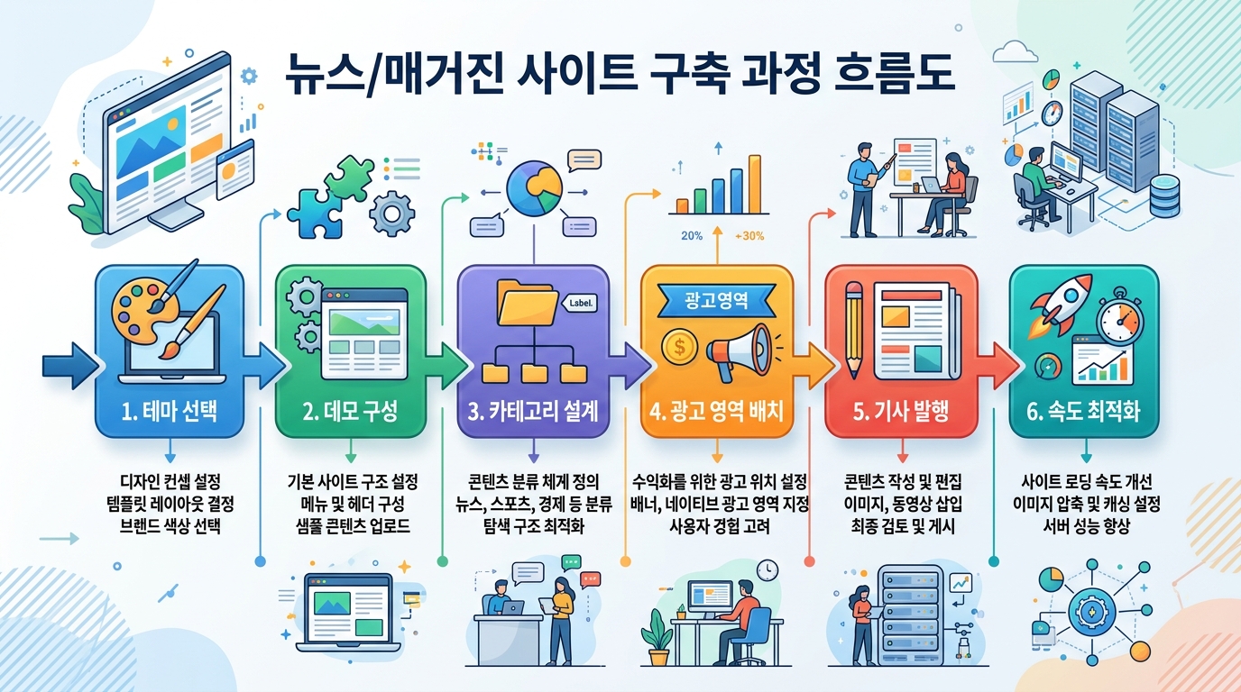 테마 선택부터 기사 발행과 광고 운영까지 이어지는 뉴스 사이트 구축 흐름도