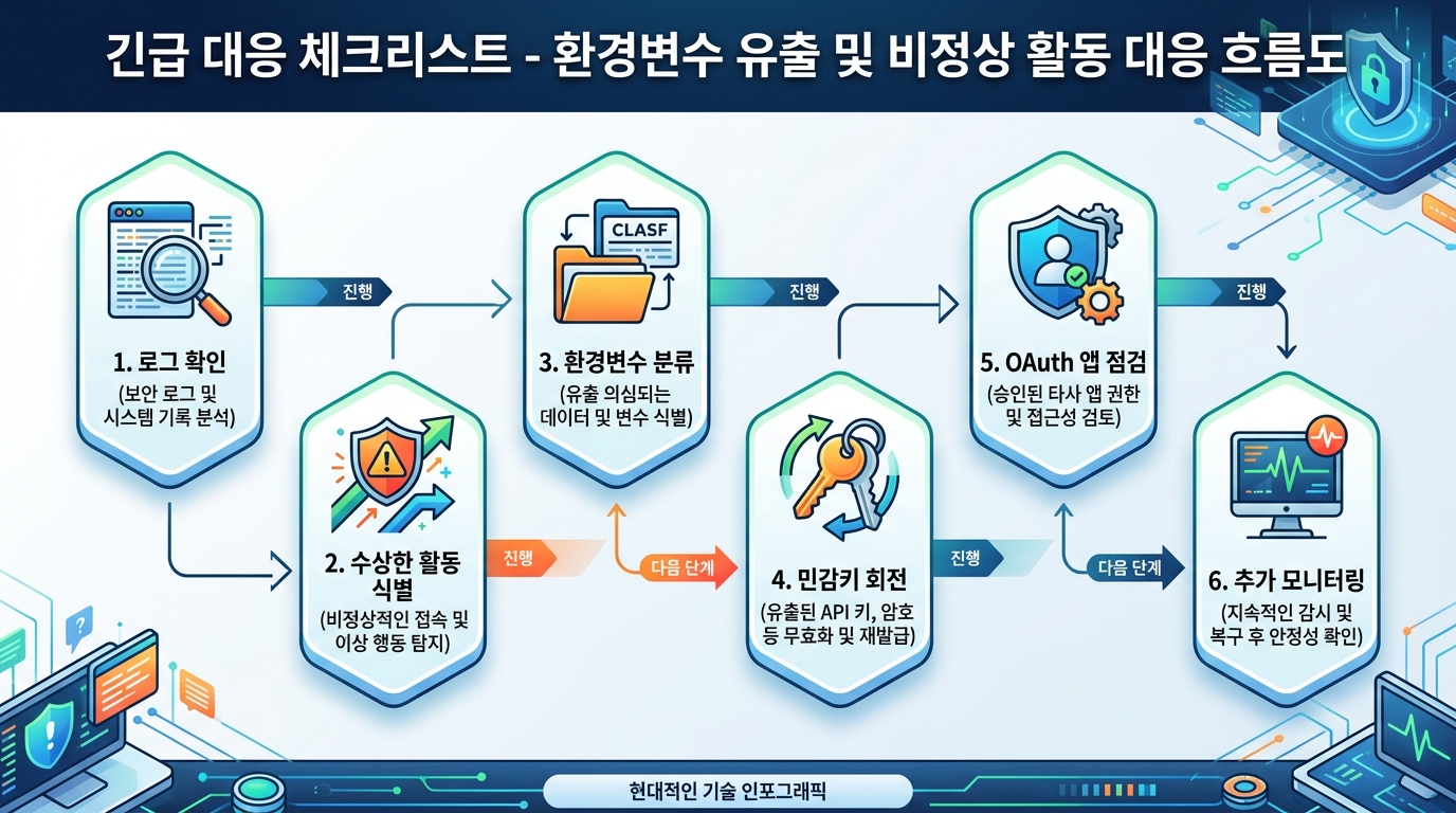 로그 확인부터 키 회전과 OAuth 점검까지의 대응 흐름도