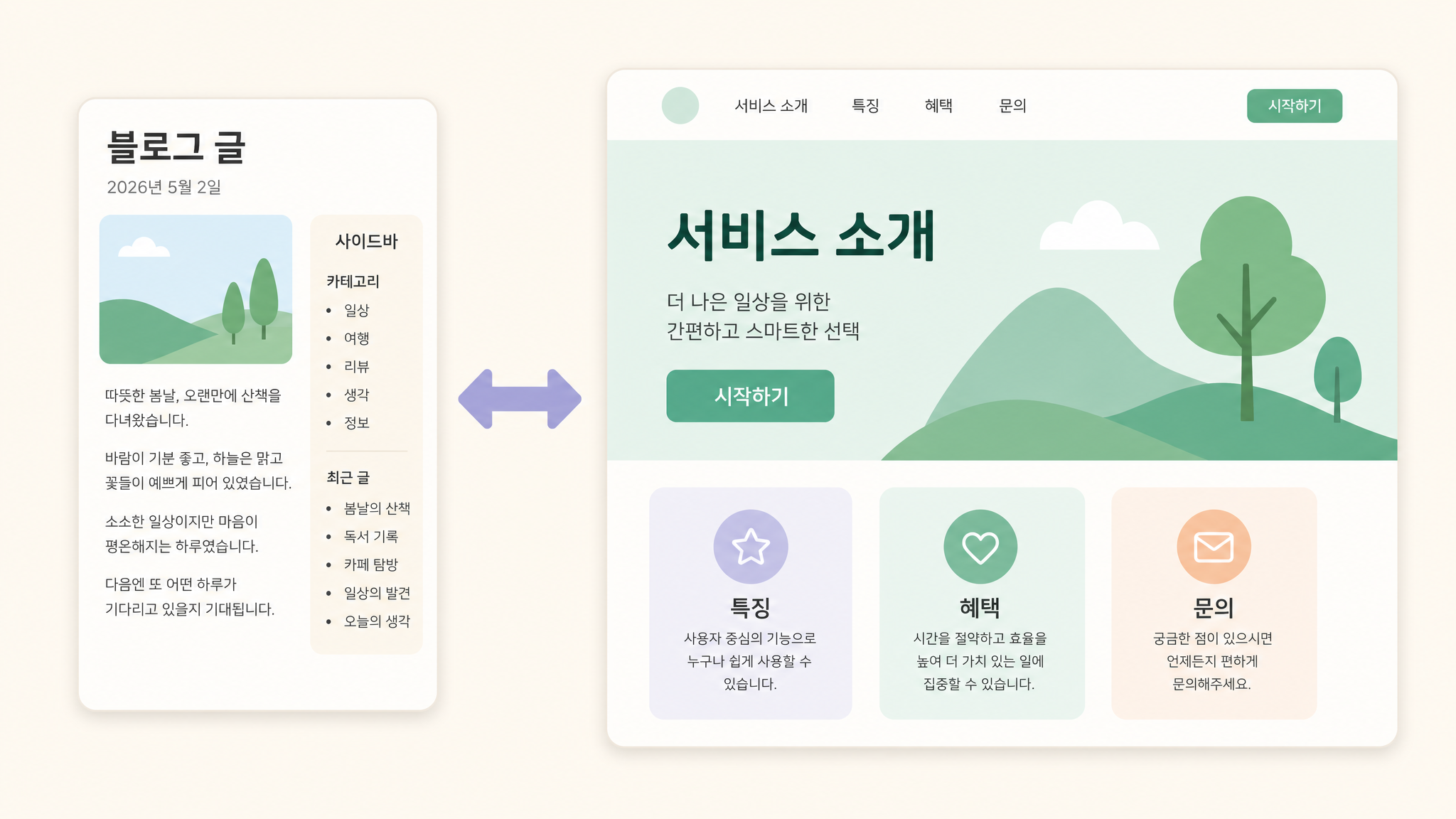 워드프레스 글 페이지 차이 구조 비교 일러스트