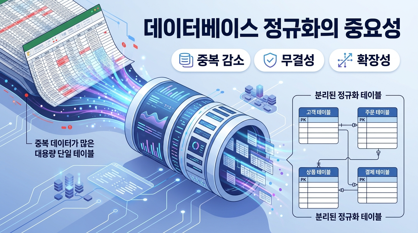데이터베이스 정규화의 중요성을 보여주는 데이터 설계 일러스트