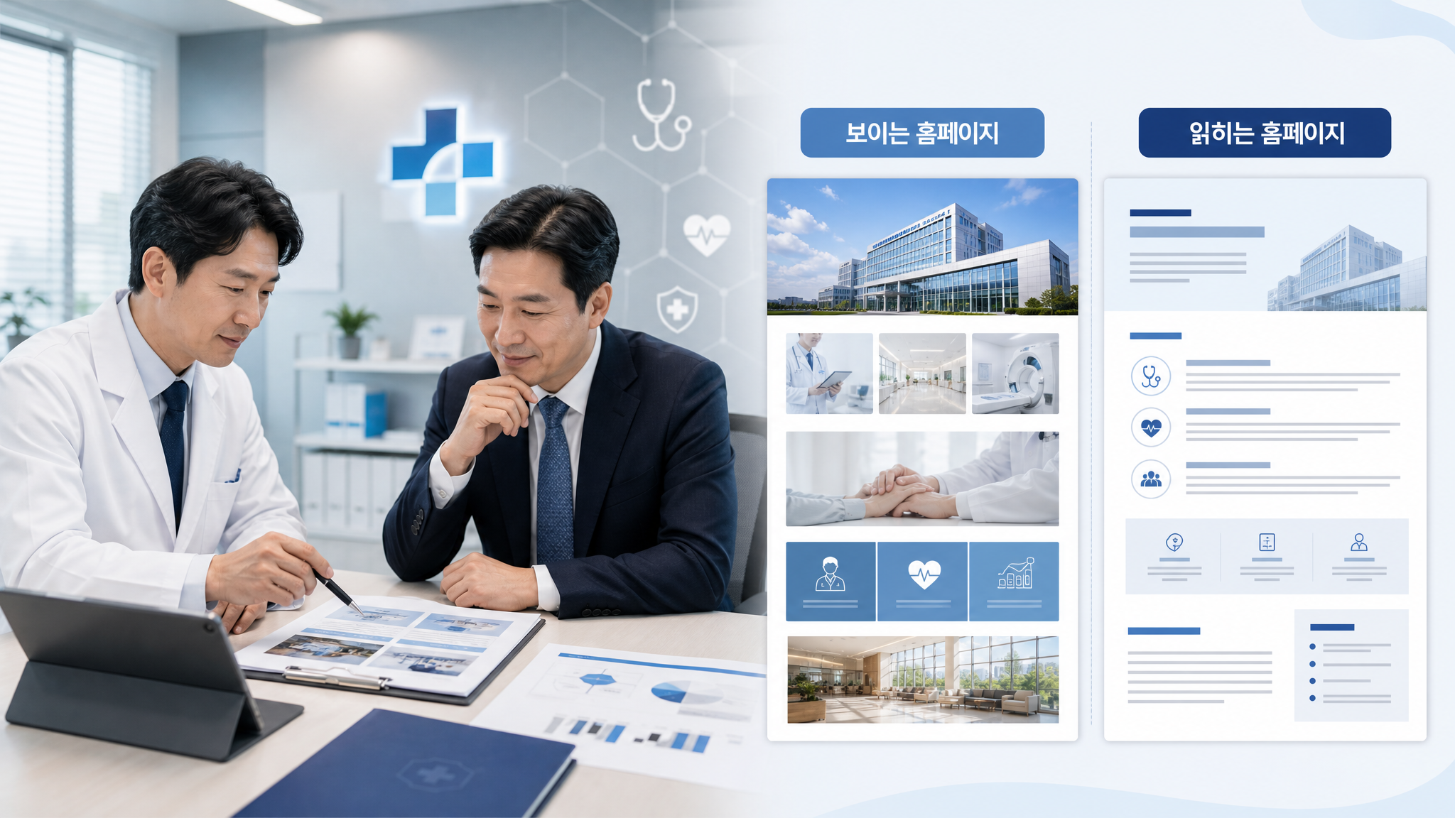 병원 홈페이지 SEO 관점에서 이미지로 만든 홈페이지와 검색엔진이 읽는 홈페이지를 비교한 대표 이미지