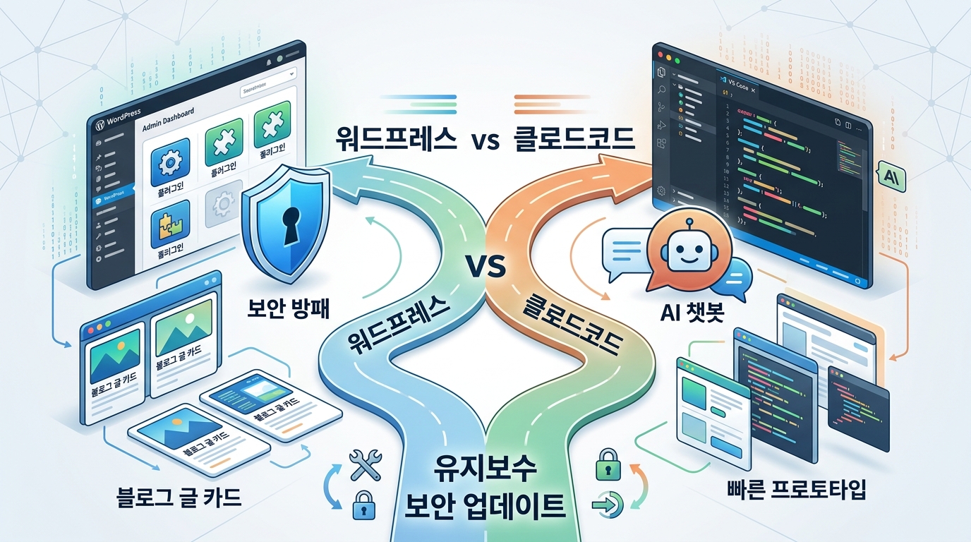 워드프레스 개발과 클로드코드 개발 선택 기준을 보여주는 커버 이미지