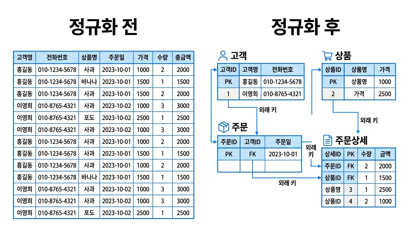 데이터베이스 정규화의 중요성을 설명하는 테이블 분리 구조도