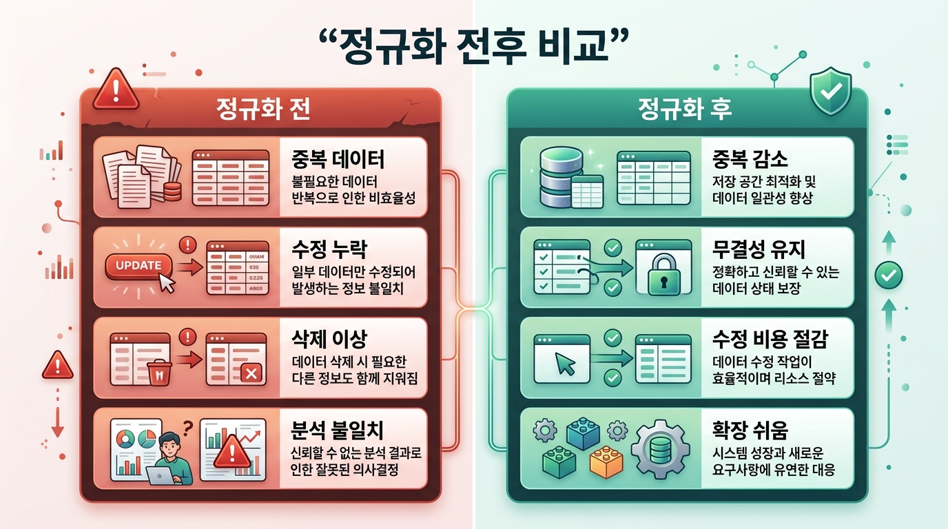 데이터베이스 정규화의 중요성을 보여주는 정규화 전후 비교 인포그래픽