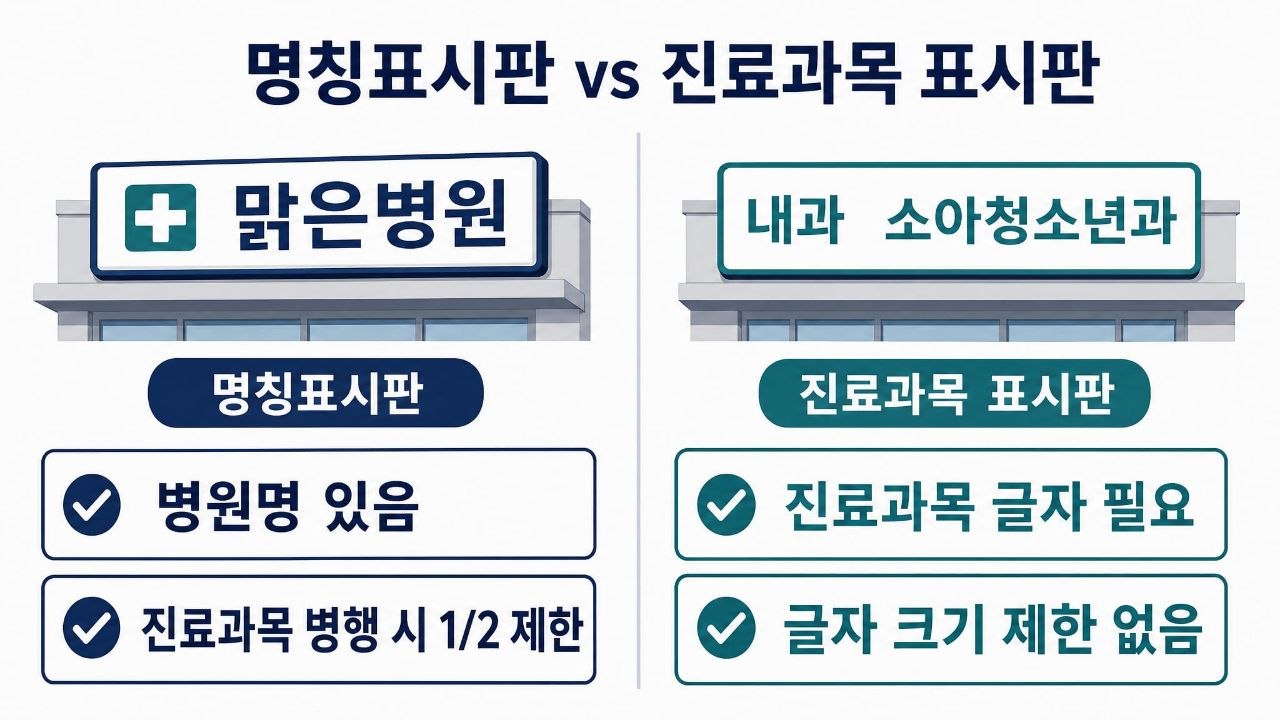 의료법 병원 간판 명칭표시판과 진료과목 표시판 비교표