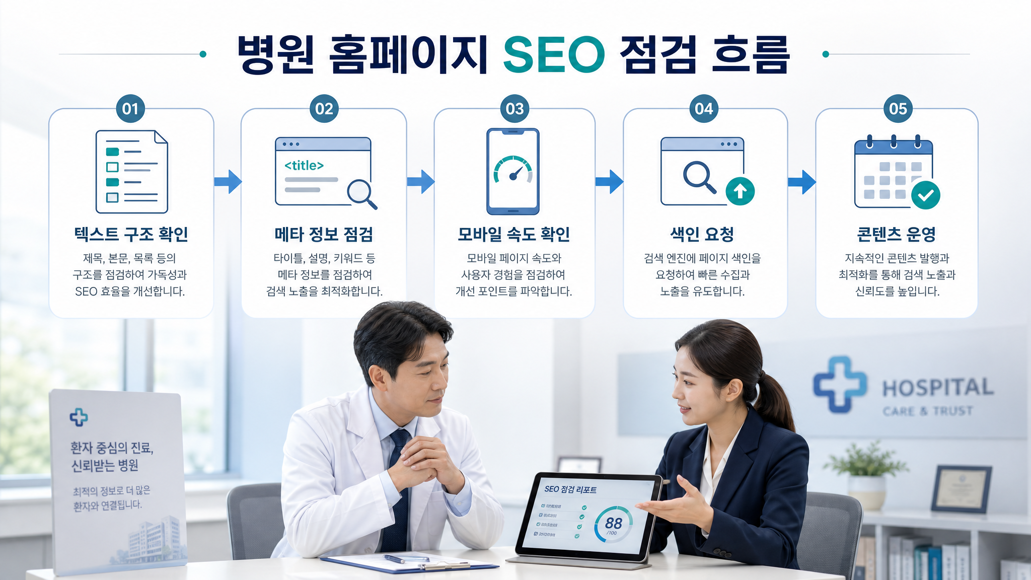 병원 홈페이지 SEO 점검을 위한 텍스트 구조 메타 정보 모바일 속도 색인 콘텐츠 운영 흐름 이미지