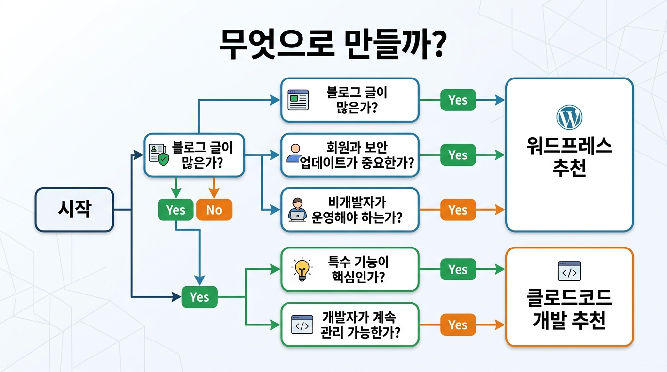 워드프레스 개발과 클로드코드 개발 선택 흐름도
