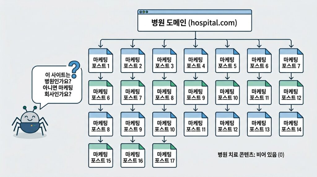 병원홈페이지 기생 URL 구조 다이어그램 — 19개 마케팅 페이지와 0개 진료 페이지