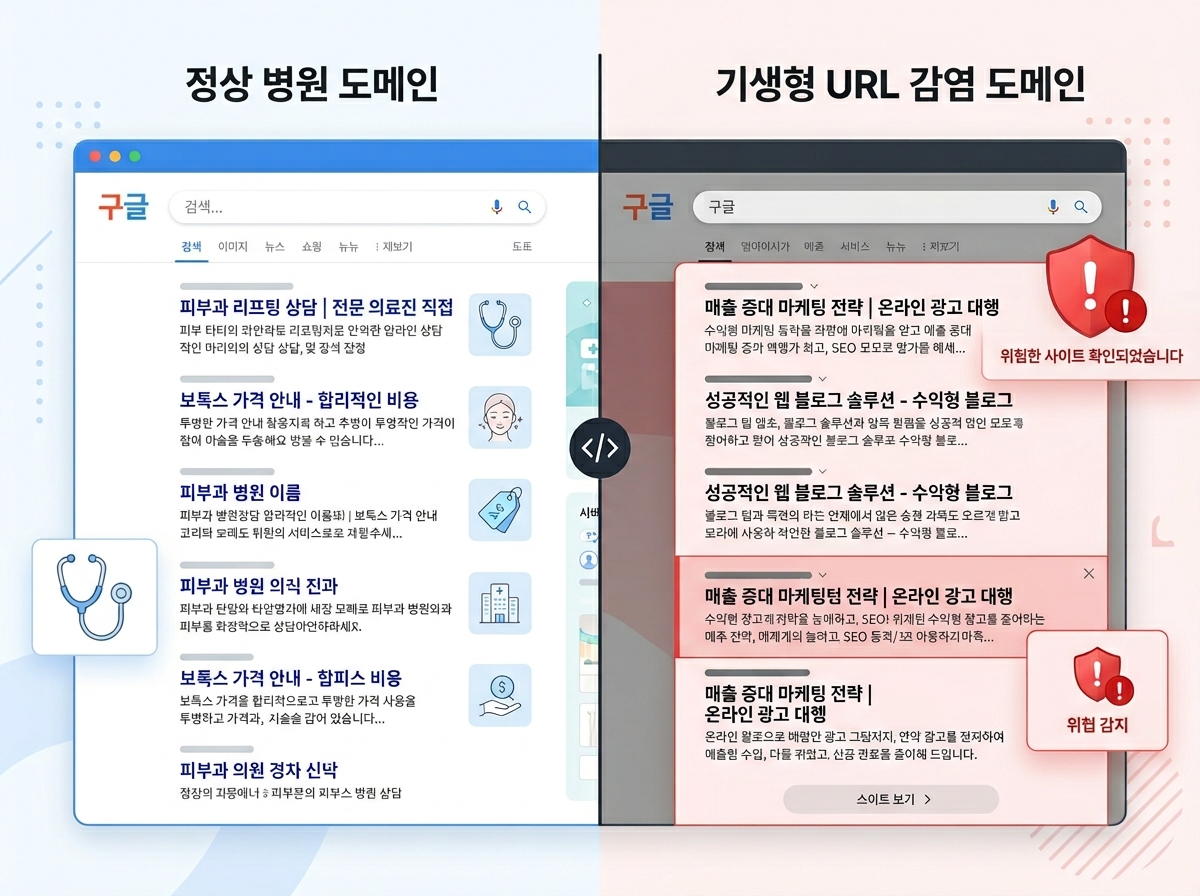 정상 병원 도메인 vs 기생 URL 감염 도메인 SEO 검색 결과 비교